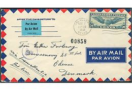 30 cents Winged Globe på luftpostbrev fra Galveston d. 7.11.1941 til Odense, Danmark. Åbnet af tysk censur i Berlin. Fra dansk sømand ombord på Standard Oil Company tankskib S/S H.M.Fagler som sejlede under Panama flag.