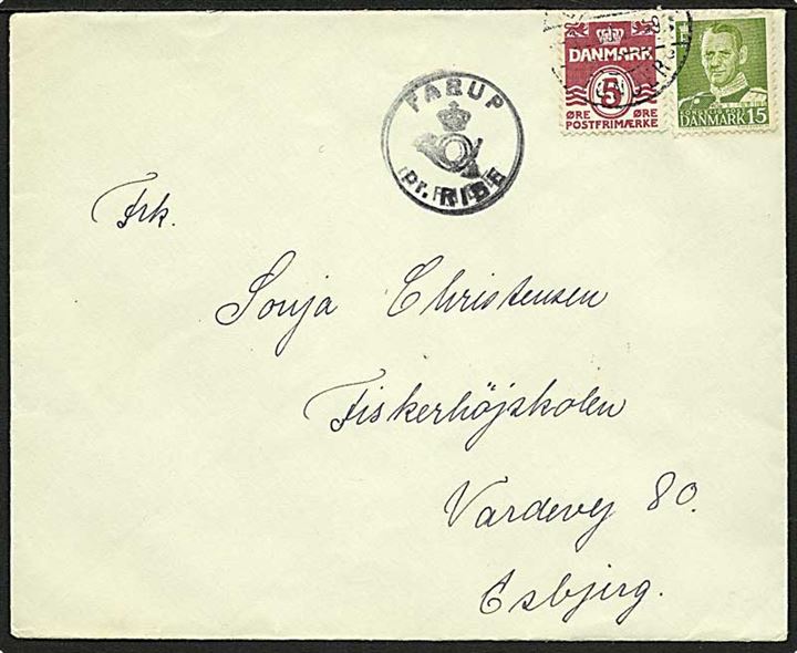 5 øre Bølgelinie og 15 øre Fr. IX på brev annulleret med svagt bureaustempel Bramminge - Tønder d. 3.x.1950 og sidestemplet med posthornstempel FARUP pr. RIBE til Esbjerg.