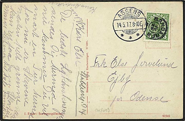5 øre Chr. X på brevkort annulleret med stjernestempel SANDAGER og sidestemplet Assens d. 14.5.1917 til Ejby pr. Odense.
