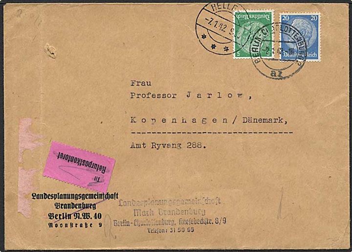 25 pfennig på brev fra Berlin, Tyskland, d. 2.1.1942 til Hellerup. Merkat med Til Returpostkontoret. Tysk censur.