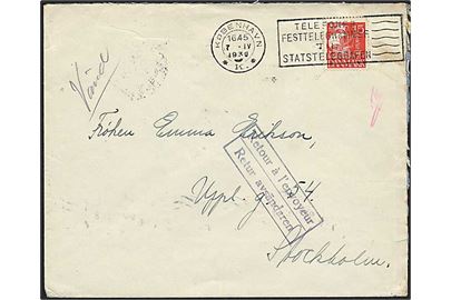 15 øre rød karavel singelfrankatur fra København d. 7.4.1930 til Stockholm. Brevet returneret.