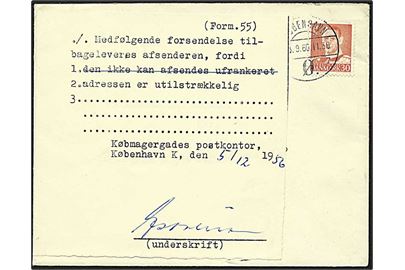 30 øre rød Fr. IX på lokalt brev fra København d. 3.9.1960. Returneret pga. utilstrækkelig adresse med Form. 55 fra Købmagergades Postkontor.