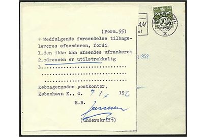 10 øre grøn bølgelinie på brev fra København d. 7.4.1952 til Bjergby. Påsat Form. 55 da adressen er utilstrækkelig.
