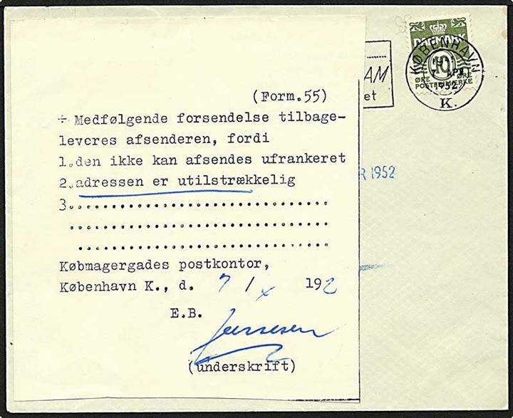 10 øre grøn bølgelinie på brev fra København d. 7.4.1952 til Bjergby. Påsat Form. 55 da adressen er utilstrækkelig.