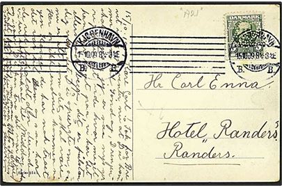 5 øre grøn Fr. VIII på postkort fra København d. 15.10.1909 til Randers. Mærket med perfin A21.