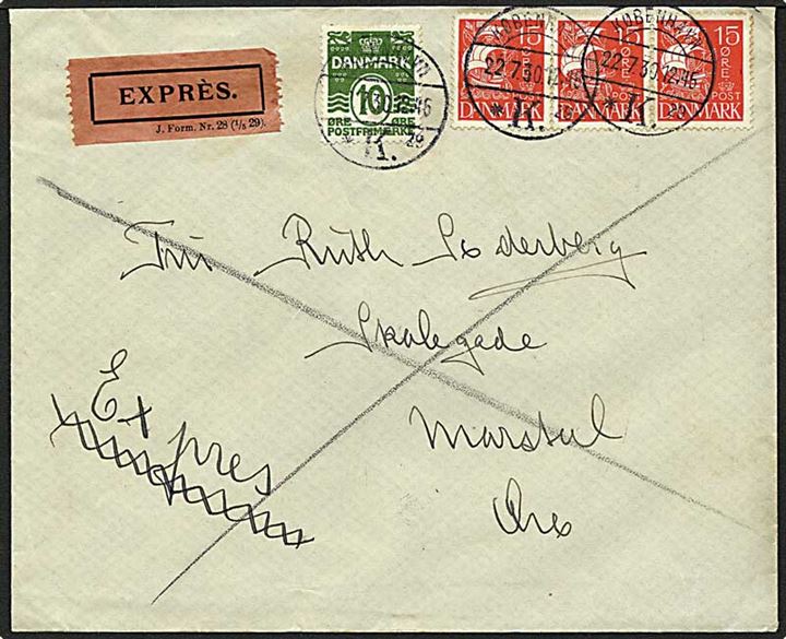 10 øre grøn bølgelinie og 15 øre rød karavel, 3 stribe, på expres brev fra København d. 22.7.1930 til Marstal.