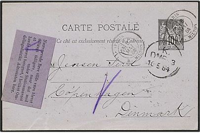 10 centimes helsag fra Paris d. 8.5.1884 til København. Violet vignet vedr. mangelfuld adresse.