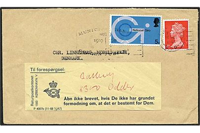 9 pence på brev fra England d. 10.10.1965 til Danmark. Forespurgt og sendt til Odder. Vignet P 4007b (11-68 1/2A7).