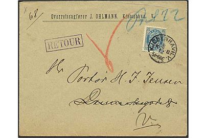 4 øre tofarvet på lokalt brev fra København d. 8.12.1898. Retur med stempel: Ubekjendt efter Adressen.