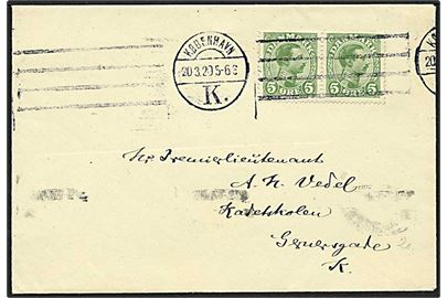 5 øre grøn Chr. X, par, på lokalt brev fra København d. 20.3.1920.