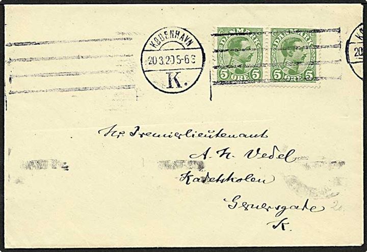 5 øre grøn Chr. X, par, på lokalt brev fra København d. 20.3.1920.