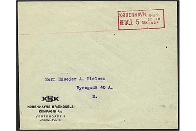 5 øre forsøgs-franko stemplet lokalt brev fra København d. 22.3.1924. På bagsiden stemplet Kjøbenhavn Ø 0.Omb. 23.3.1924 (søndag).