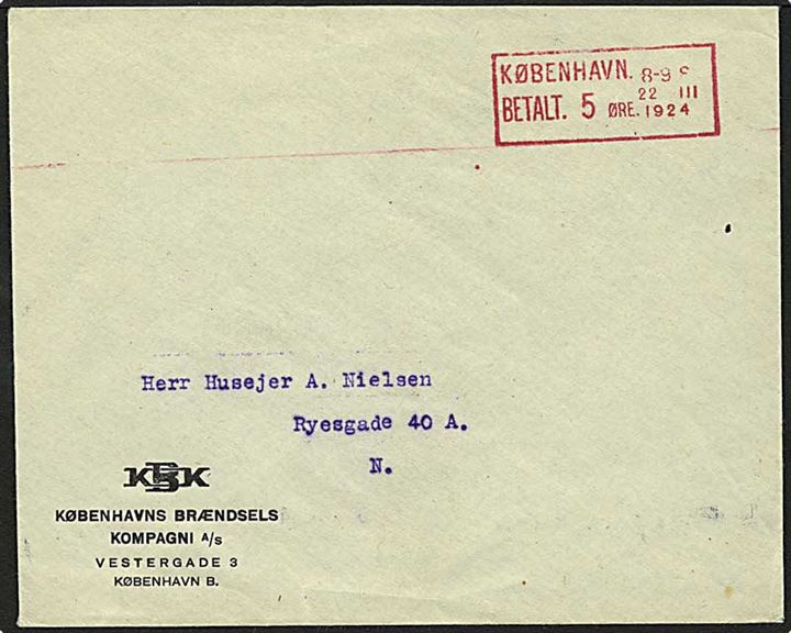 5 øre forsøgs-franko stemplet lokalt brev fra København d. 22.3.1924. På bagsiden stemplet Kjøbenhavn Ø 0.Omb. 23.3.1924 (søndag).