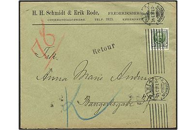 5 øre grøn Fr. VIII på lokalt brev fra København d. 8.7.1908. Brevet returneret. Ubekendt efter adresse.