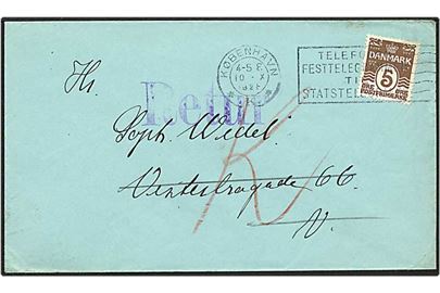 5 øre brun bølgelinie på lokalt brev fra København d. 10.10.1928. Brevet returneret. Flyttet, hvorhen vides ikke.