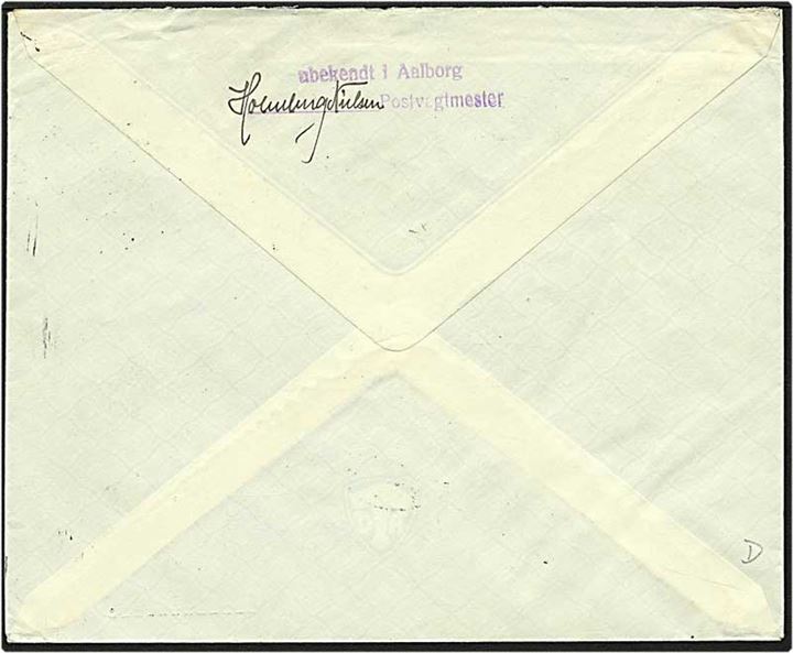 15 øre rød karavel på brev fra Thisted d. 29.10.1937 til Aalborg. Brevet omadresseret til Maribo og returneret. På bagsiden stemplet: ubekendt i Aalborg Postvagtmester