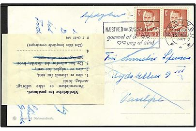30 øre rød Fr. IX på søndags postkort fra Næstved d. 12.5.1957 til Vanløse. Postal vignet angående forsent afsendelse. Vignet F 7 (6-52 A8).