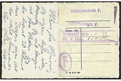 10 øre violet Chr. X på postkort fra Hjørring d. 6.8.1945 til København. Postkortet sat i porto og påsat 10 øre orange portomærke. Vignet angående anmeldelse.
