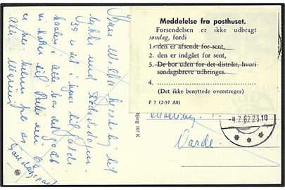 20 øre gråbrun Fr. IX på søndags postkort fra Esbjerg d. 4.2.1962 til Varde. Vignet angående forsent aflevering.