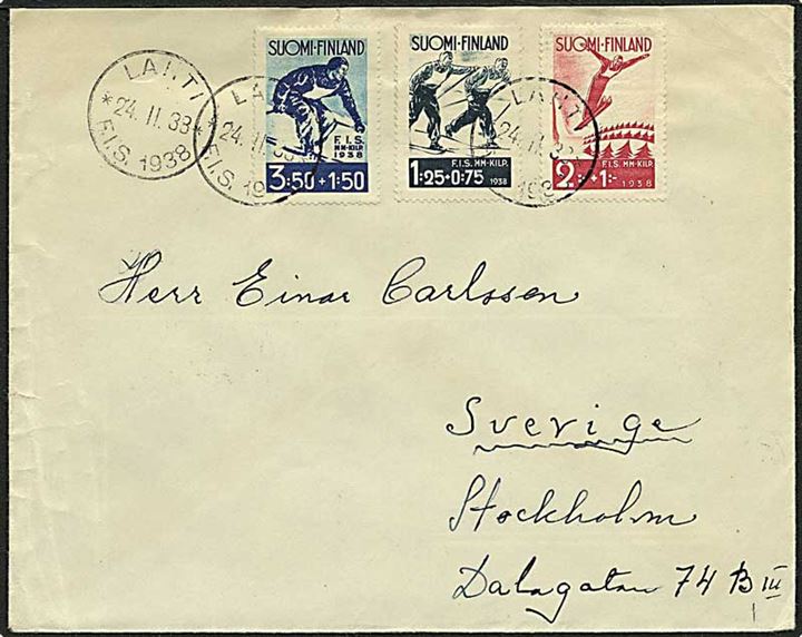 Komplet sæt Ski VM på brev stemplet Lahti d. 24.2.1938 til Stockholm, Sverige.