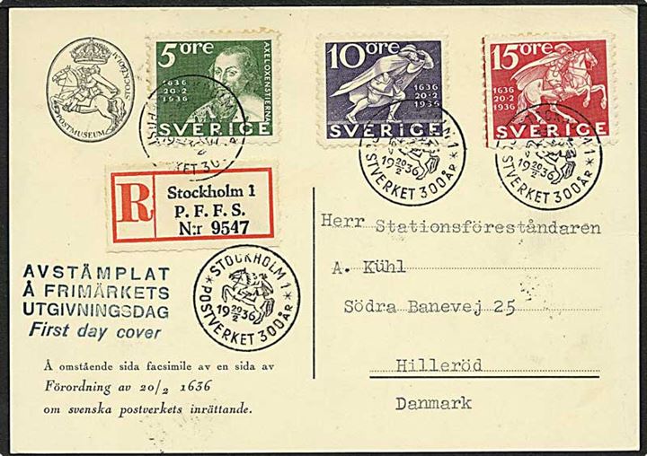 Komplet sæt Postvæsnet 300 år 2-sidet og 4-sidet takket på 3 anbefalede FDC breve/kort fra Stockholm d. 20.2.1936 til Hillerød, Danmark.