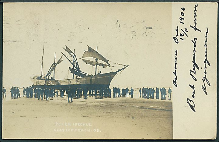 England. “Peter Iredale”, 4-mastet bark strandet ved Clatsop, Oregon d. 25.10.1906. Fotokort u/no. Kvalitet 7