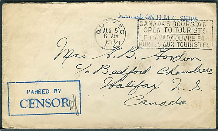 Ufrankeret flådepostbrev med stempel Mailed on H.M.C. Ships. fra Quebec d. 5.8.1940 til Mrs. G. B. Gordon i Halifax, N.S., Canada. Rammestempel på for- og bagside Passed by Censor. På bagsiden noteret: Ship Bras d'Or' reported missing Oct. 30th. 1940. Brevet er sendt fra det ombyggede fyrskib Lightship no. 25 som i sept. 1939 blev overtaget af den canadiske flåde som minestryger H.M.C.S. Bras d'Or. Skibet forsvandt omkring d. 19.10.1940 i stormvejr i  St. Lawrence bugten, hvor hele besætningen omkom, også afsenderen steward Gilbert B. Gordon fra Halifax.