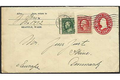 2 cents helsagskuvert opfrankeret med 1 cent Franklin og 2 cents Washington fra Seattle d. 30.10.1911 til Skive, Danmark.