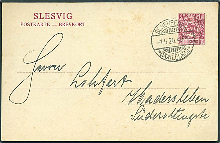15 pfg. Fælles udg. helsagsbrevkort annulleret Scherrebek *(Schleswig)* d. 1.5.1920 til Haderslev.