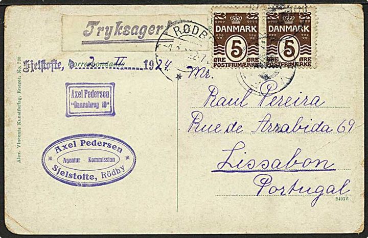 5 øre Bølgelinie i parstykke på brevkort fra Sjelstofte annulleret med svagt stjernestempel ERRINDLEV og sidestemplet Rødby d. 4.2.1924 til Lissabon, Portugal.