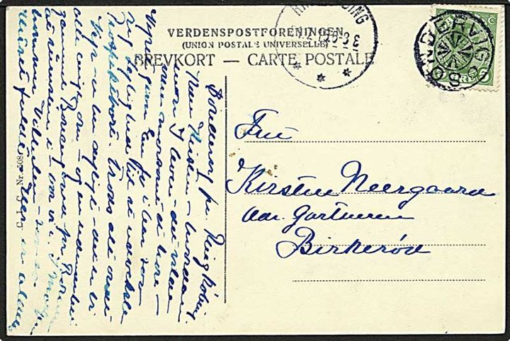 5 øre Chr. X på brevkort (Postens ankomst til Søndervig) annulleret med stjernestempel SØNDERVIG og sidestemplet Ringkjøbing d. 21.7.1915 til Birkerød.
