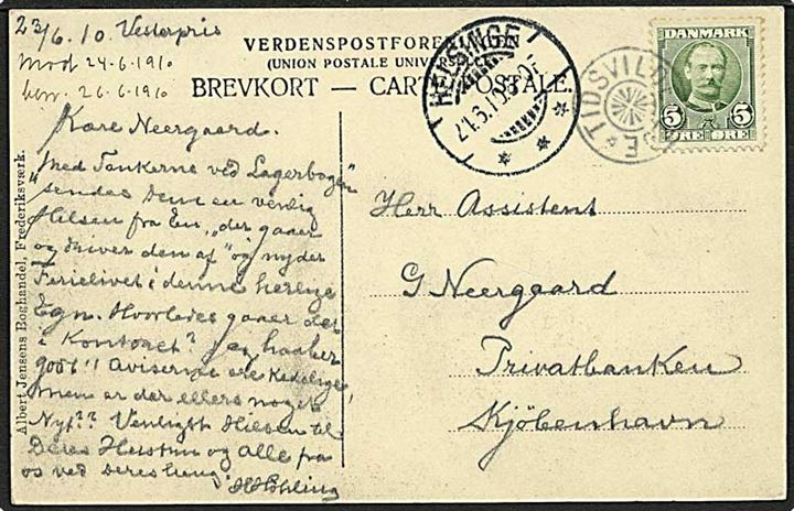 5 øre Fr. VIII på brevkort annulleret med stjernestempel TIDSVILDELEJE og sidestemplet Helsinge d. 24.6.1910 til København.