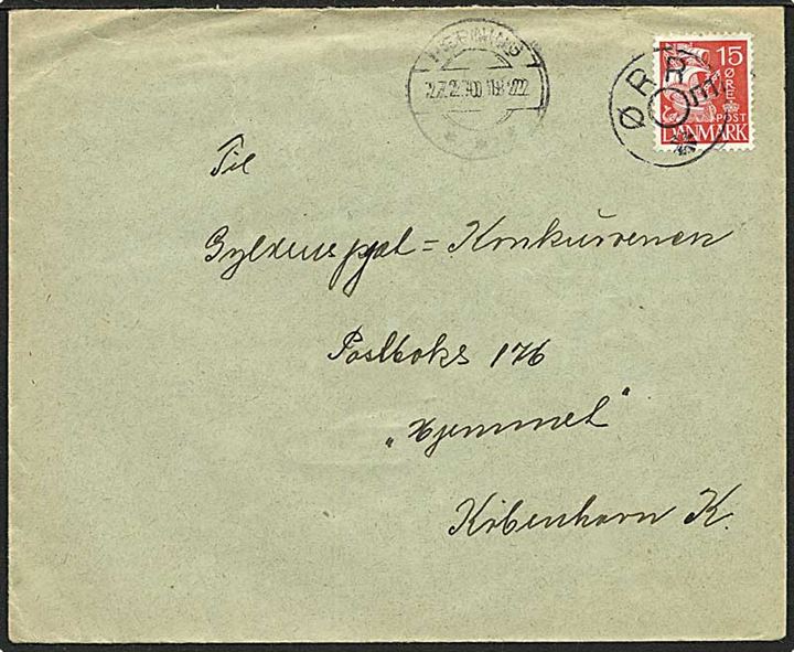 15 øre rød karavel på brev fra Ørre d. 27.2.1940 til København. Ørre stjernestempel.