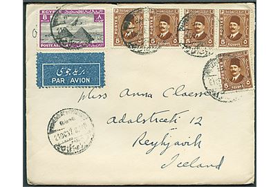 5 mills Farouk (5) og 8 mills Luftpost på luftpostbrev fra Cairo d. 21.10.1937 til Reykjavik, Island. God destination.