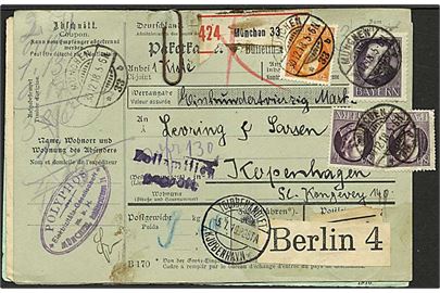 30 pfg. 80 pfg. (2) og 2 mk. Ludwig III på adressekort for værdipakke fra München d. 30.12.1918 via Leipzig-Hof Bahnpost til København, Danmark.