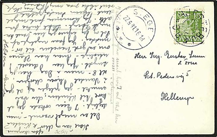 15 øre Karavel på brevkort annulleret med udslebet stjernestempel HJERTEBJÆRG og sidestemplet Stege d. 27.6.1941 til Hellerup.