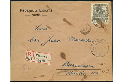 3 Cor. Valore globale provisorium single på anbefalet brev fra Fiume d. 9.12.1919 til Barcelona, Spanien. Skjold på mærke.