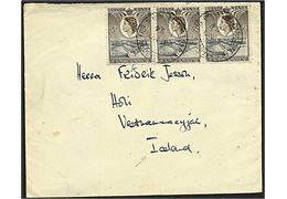 Kenya Uganda & Tanganyika 5 c. Owen Falls i 3-stribe på brev annulleret med bureaustempel Daressalam-Tabora TPO Down d. 24.11.1954 til Vestmannaøerne på Island.