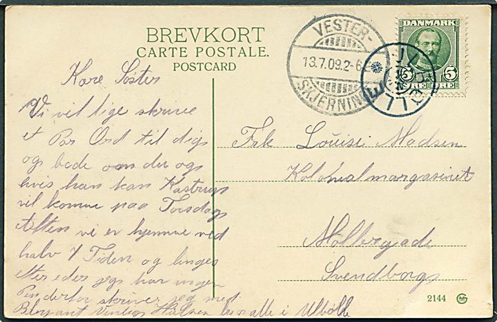 5 øre Fr. VIII på brevkort annulleret med stjernestempel ULBØLLE og sidestemplet Vester-Skjerninge d. 13.7.1909 til Svendborg.