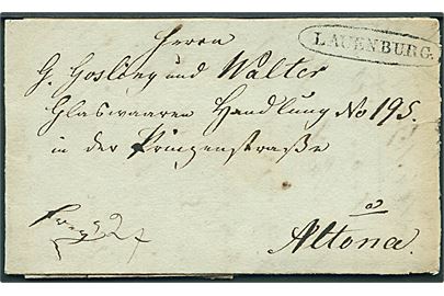 1838. Francobrev med fuldt indhold dateret d. 28.5.1838 med ovalt stempel LAUENBURG til Altona. 