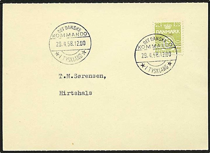 12 øre Bølgelinie single på tryksagsbrevkort stemplet Det danske Kommando i Tyskland d. 29.4.1958 til Hirtshals. Fra forlægningen i Itzehoe. Ingen meddelelse på bagsiden.
