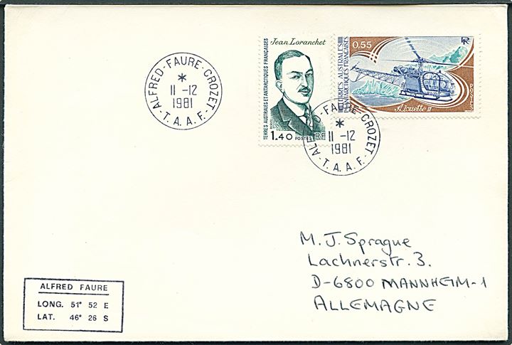 TAAF. Blandingsfrankeret brev stemplet Alfred Faure Crozet d. 11.12.1981 til Mannheim, Tyskland. 
