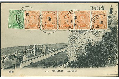 1 c. (5) og 5 c. Albert I på brevkort annulleret ved det belgiske postkontor i Sainte-Adresse d. 31.3.1916 til Paris. Sainte-Adresse ved Le Havre i Frankrig var hovedsæde for den belgiske eksilregering under 1. verdenskrig.