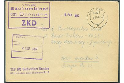Zentraler Kurierdienst (ZKD). Ufrankeret tjenestebrev fra Baukombinat sendt lokalt i Dresden d. 3.2.1967.