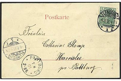 5 pfg. Germania på brevkort (Gruss aus Schafflund) stemplet Flensburg d. 6.8.1901 til Harrislee pr. Pattburg. Ank.stemplet Pattburg d. 7.8.1901. Fold.