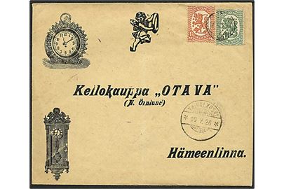 50 p. og 1 mk. Løve udg. på flot illustreret firmakuvert annulleret med svagt nr.stempel 208 og sidestemplet Taivalkoski d. 10.5.1926 til Hämeenlinna.