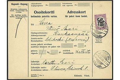 5 mk. Løve udg. single på adressekort for pakke fra Hämeenlinna d. 4.12.1925 til Kankaapää