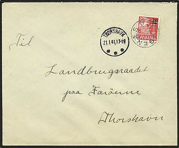 20/15 øre Provisorium på brev annulleret med udslebet stjernestempel MYGGENÆS (36.02) og sidestemplet Thorshavn d. 21.1.1941 til Landbrugsraadet paa Færøerne, Thorshavn.