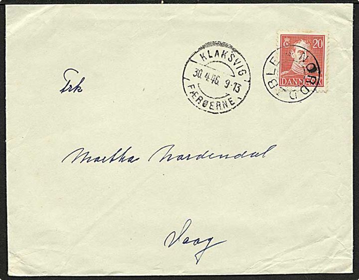 20 øre Chr. X på brev annulleret med udslebet stjernestempel NORDDEBLE (17.02) og sidestemplet Klaksvig Færøerne d. 30.4.1946 til Vaag.