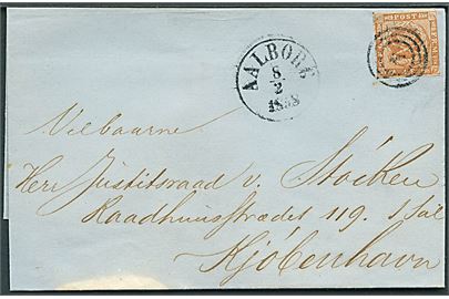 4 sk. 1854 udg. 5.tryk på brev annulleret med nr.stempel 4 og sidestemplet antiqua Aalborg d. 8.2.1858 til Kjøbenhavn.